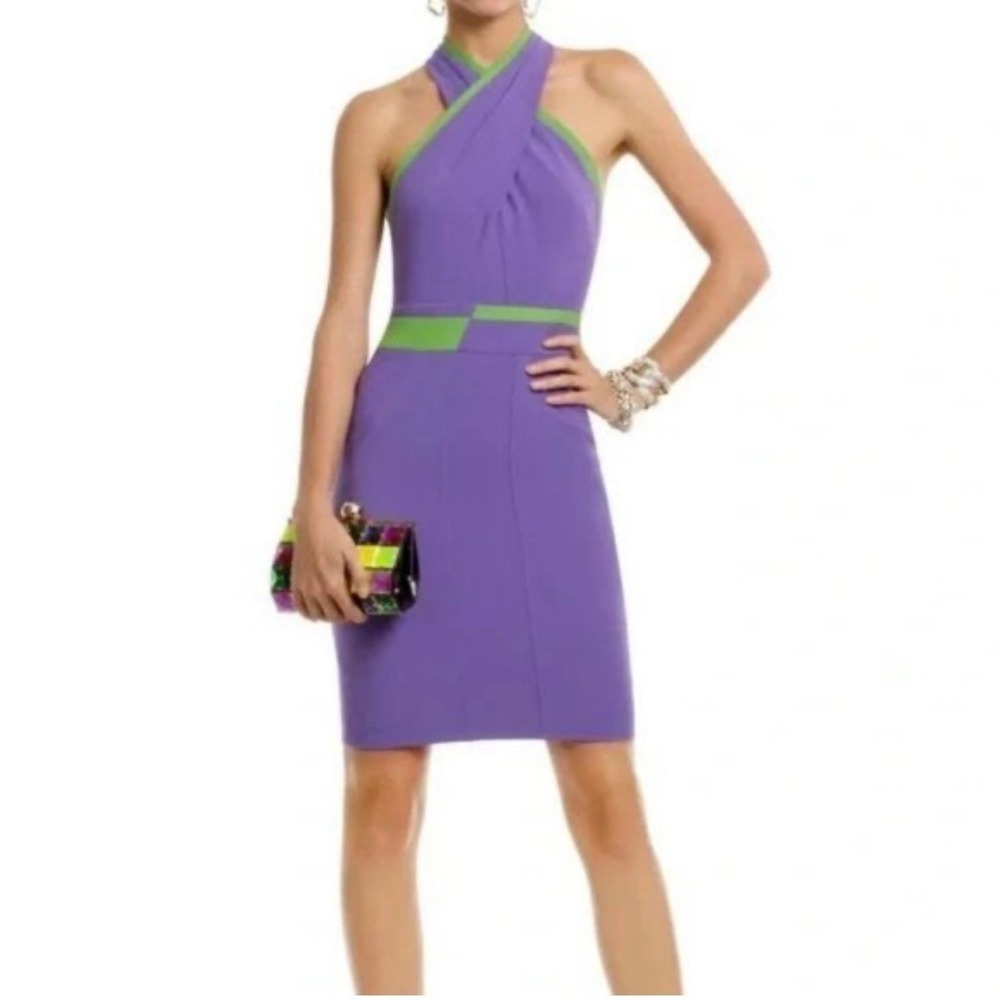 Yigal Azrouel Purple Lime Green Colorblock Halter Party Sheath Dress Size 8